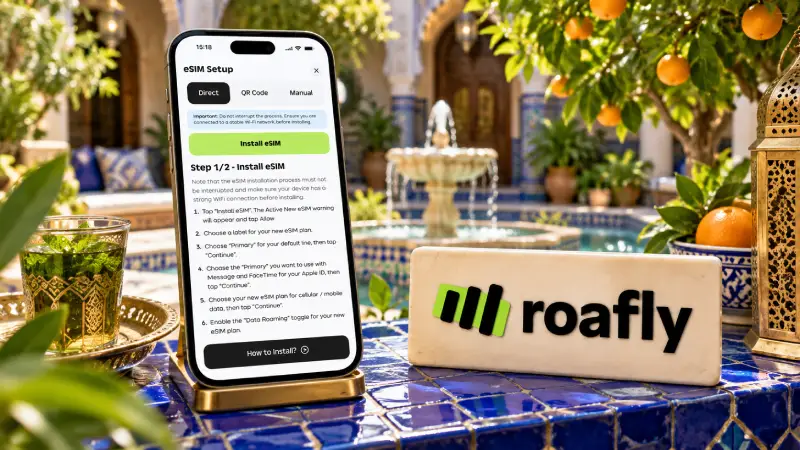 Roafly logo and official eSIM installation screen in an editorial composite set in a Moroccan riad courtyard.