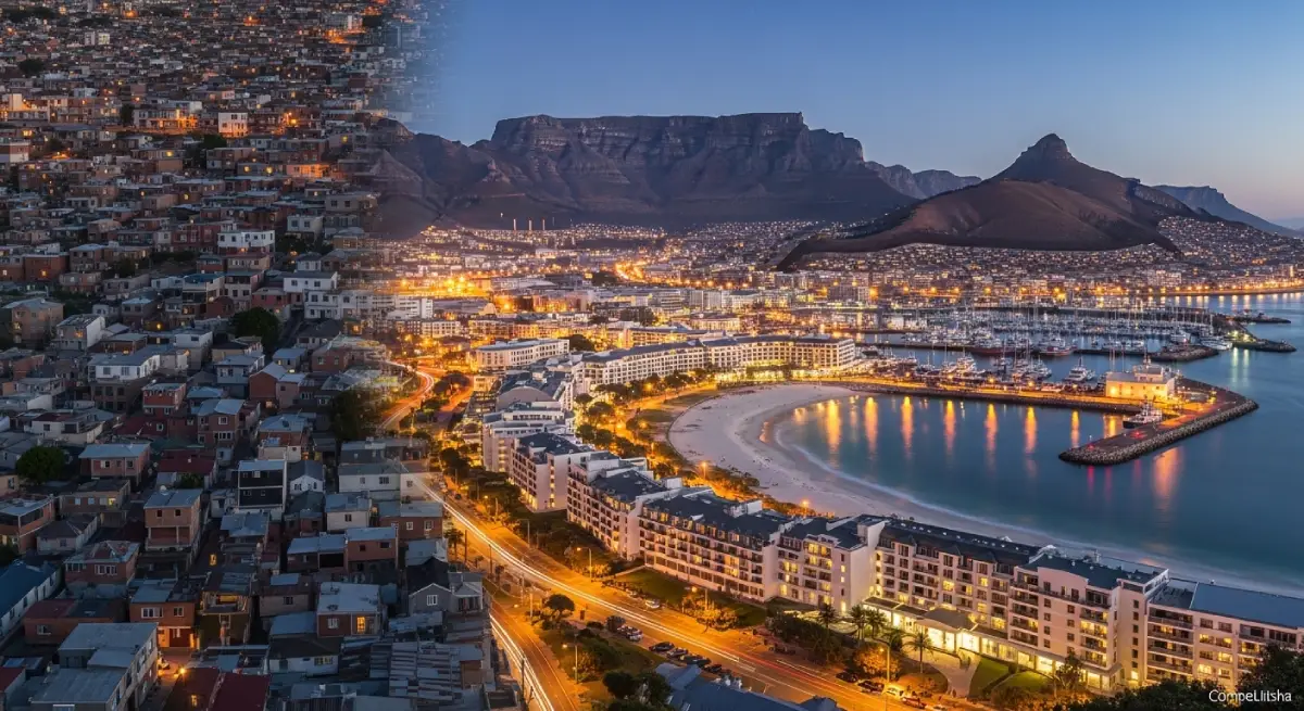 A cinematic panoramic photo illustrating the contrast between safe tourist zones (V&A Waterfront, Table Mountain) and Red Zones (townships) in Cape Town, South Africa.