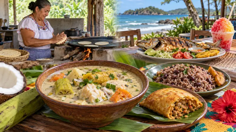 Vistas em camadas de rond&oacute;n e pat&iacute; caribenhos, preparo de tortilla em Guanacaste e peixe e gelo raspado no Pacífico.