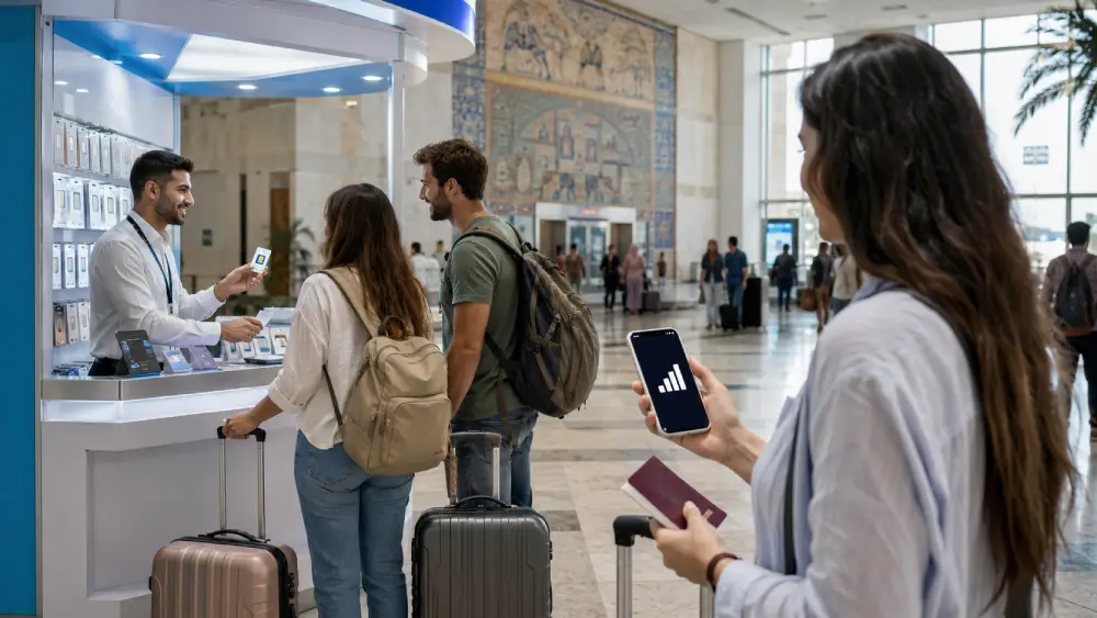 Reisender kauft nach der Ankunft am Flughafen Tunis in Tunesien eine SIM-Karte.