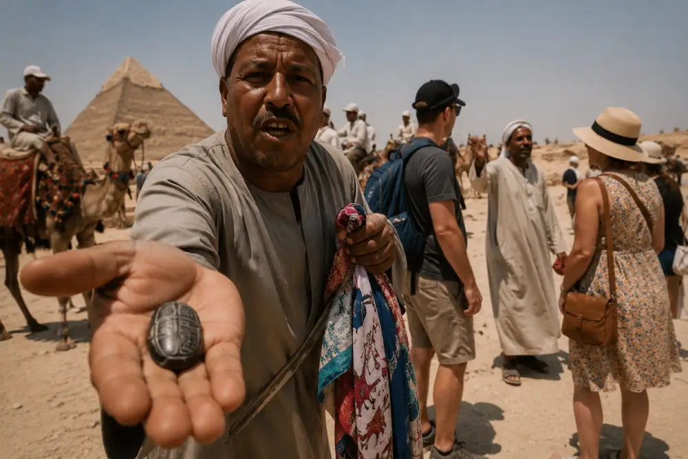 An Egyptian vendor persistently tries to sell souvenirs to a tourist near the Giza Pyramids.