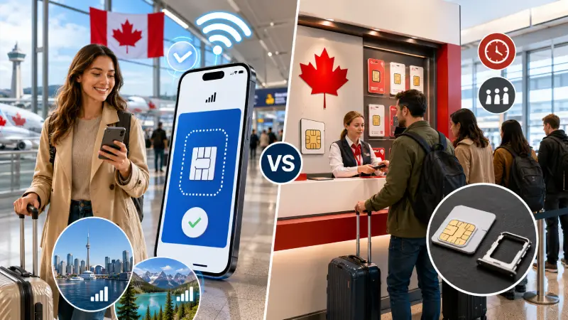 Comparison between activating an eSIM immediately after landing and buying a physical SIM at a Canadian airport kiosk.