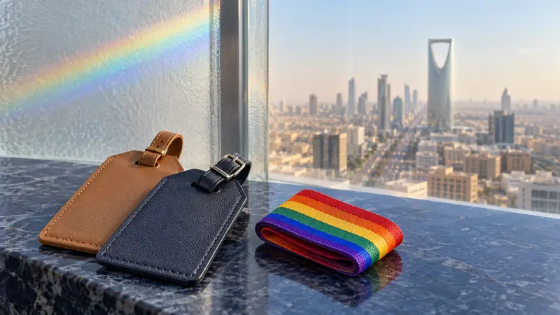 Editorial still life with luggage tags, a rainbow ribbon and frosted glass overlooking Riyadh.