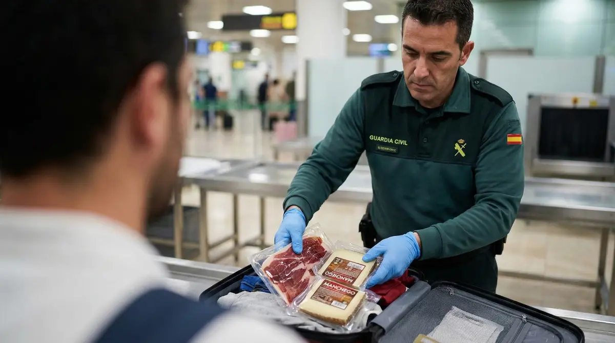 Spanischer Zollbeamter beschlagnahmt verbotene Fleisch- und Milchprodukte aus dem Gepäck.