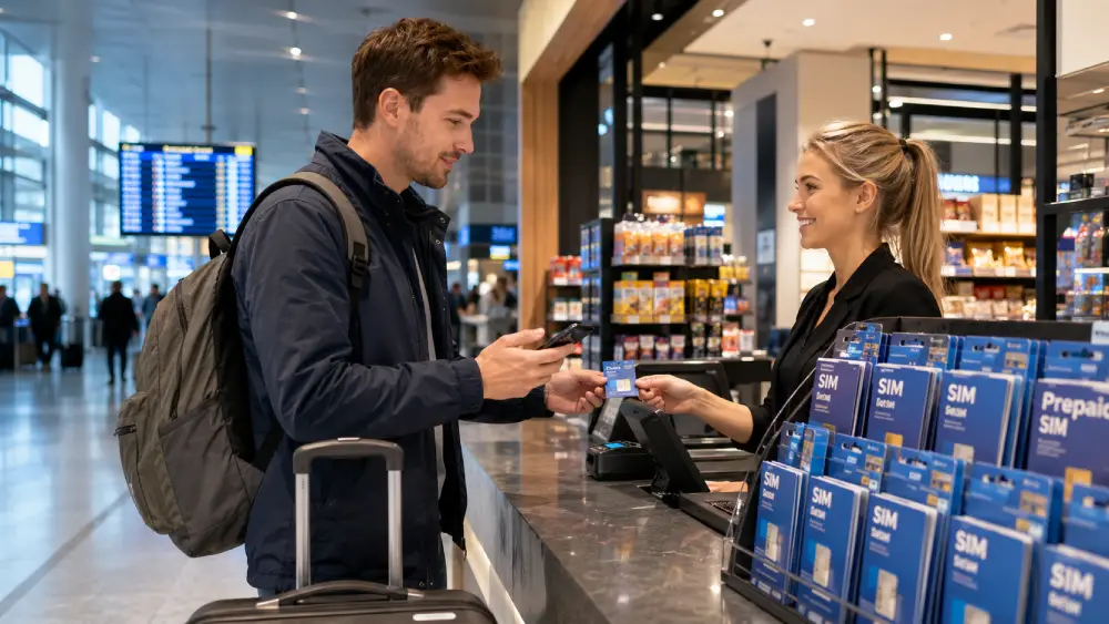 Viajero comprando una tarjeta SIM prepago en el aeropuerto de Copenhague después de llegar a Dinamarca.