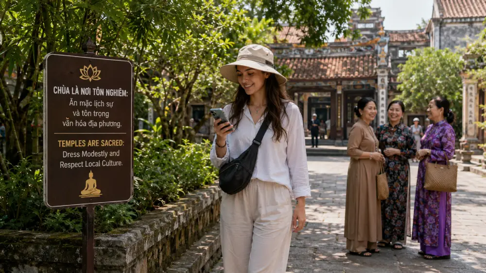 A documentary-style photograph of a solo female traveler dressed respectfully and using a phone map in a peaceful Vietnamese temple complex, illustrating safety and cultural respect.