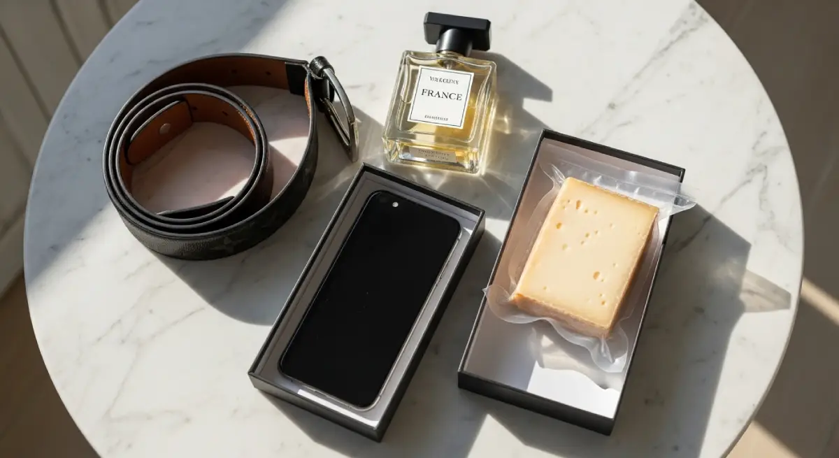 An elegant overhead view of tax-refundable luxury goods including a leather belt, perfume, electronics, and sealed artisanal cheese.