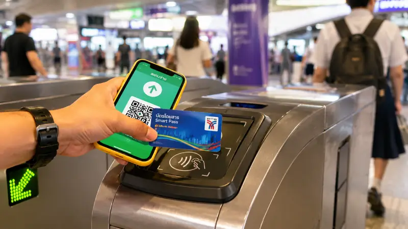A person tapping a smartphone and a bright transit card at a modern Bangkok subway turnstile.