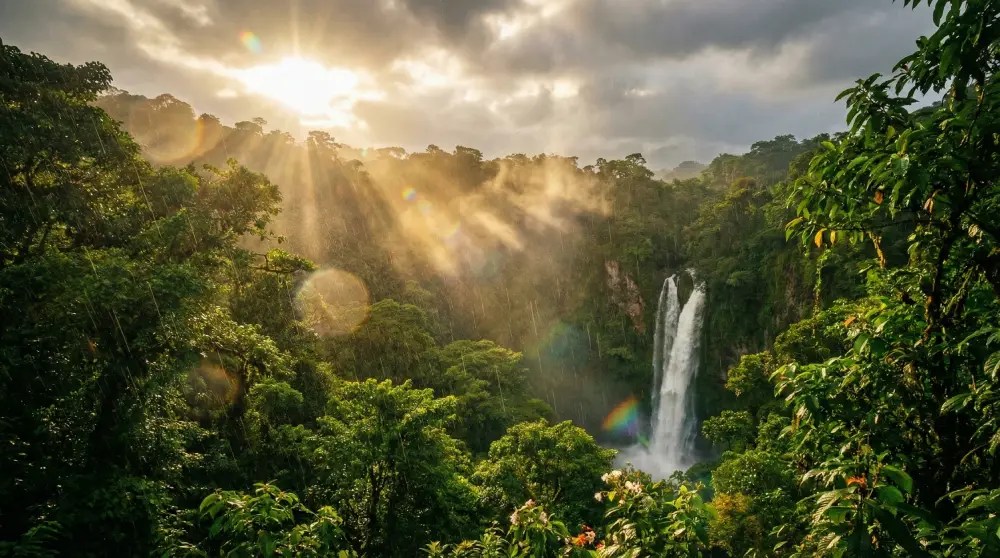 A beautiful and dramatic tropical rain shower over the lush green rainforests of Panama during the green season.