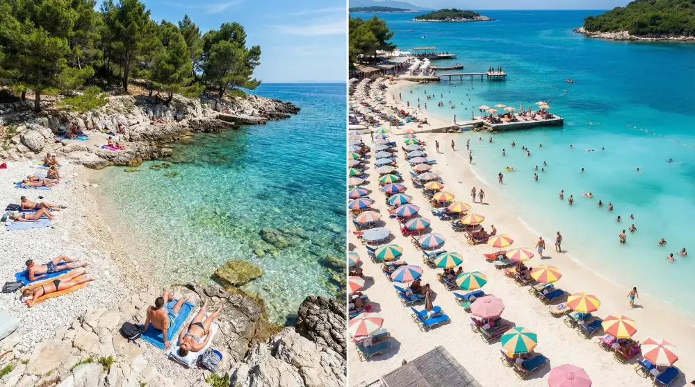 Side-by-side view of a rocky pebble beach with clear water in Croatia and a sandy, crowded beach with sunbeds in Albania.