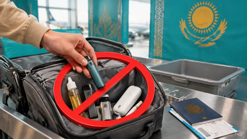 Vape-Geräte und Flüssigkeit, die bei einer Zollkontrolle am Flughafen in Kasachstan gestoppt wurden, um das landesweite Einfuhrverbot zu veranschaulichen.