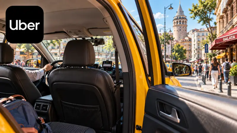 Uitzicht door de open achterdeur van een gele taxi uit Istanbul, gecombineerd met het oorspronkelijke witte Uber-pictogram op een zwarte achtergrond.