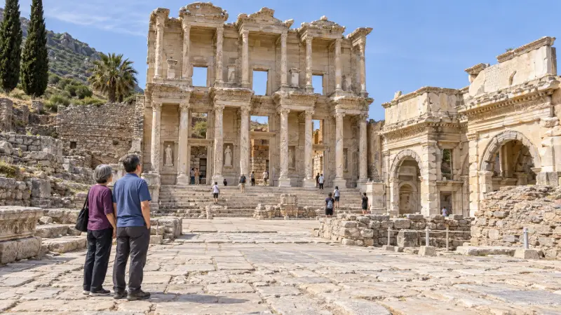 Visitors admire the Library of Celsus at Ephesus, with its columned façade rising above the stone-paved forecourt.