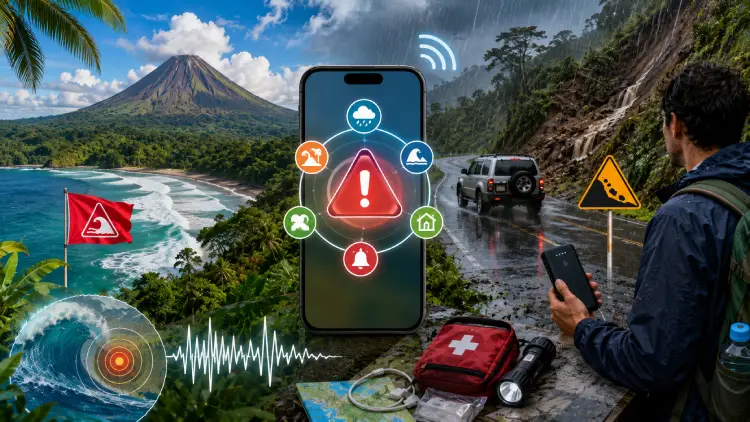 Smartphone displaying travel safety alerts for storms, surf, earthquakes, landslides, and volcanic activity in Costa Rica.