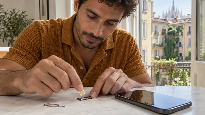 Utazó nano-SIM-kártyát helyez egy telefon SIM-tálcájába egy milánói lakás asztalánál.
