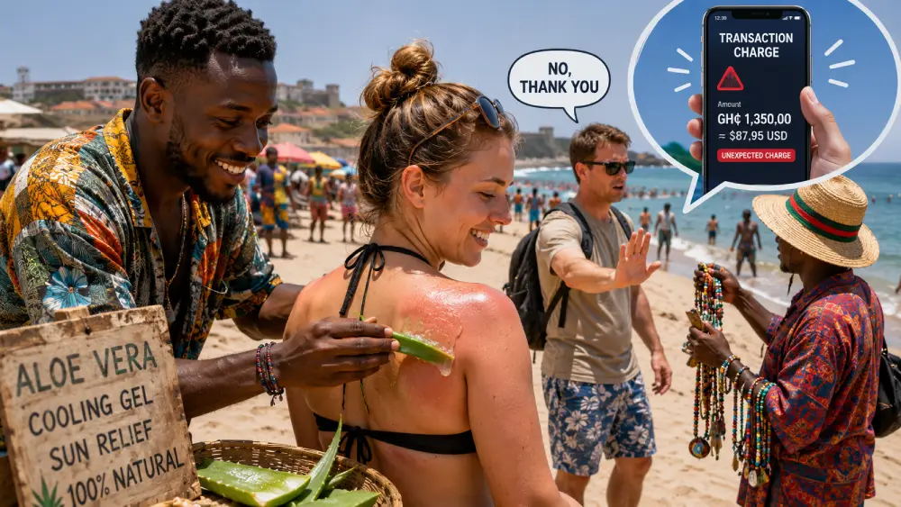 Beach scenario showing interaction where aloe vera massage is offered before payment agreement, alongside a graphic indicating high transaction charges.