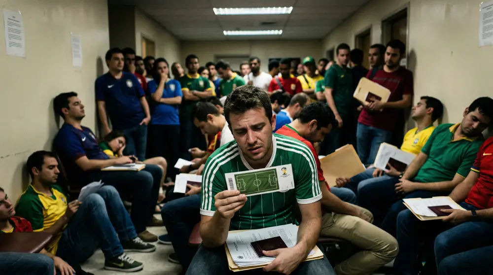 A gritty photo illustrating the stress of visa applications, showing exhausted fans waiting in line with official FIFA match tickets.