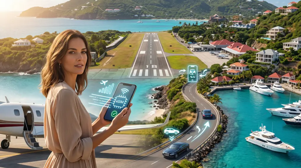 Viajante chegando em Saint Barth&eacute;lemy com conectividade instantânea de eSIM, cenário de luxo da ilha e sinal móvel forte.
