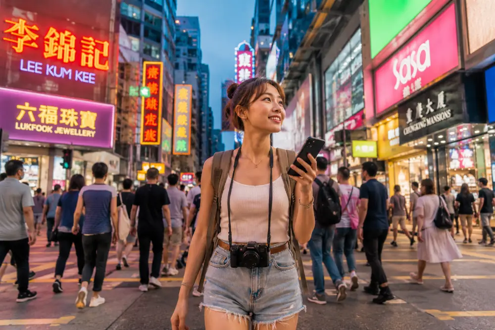 A solo female traveler walking safely and confidently through a vibrant Hong Kong street.