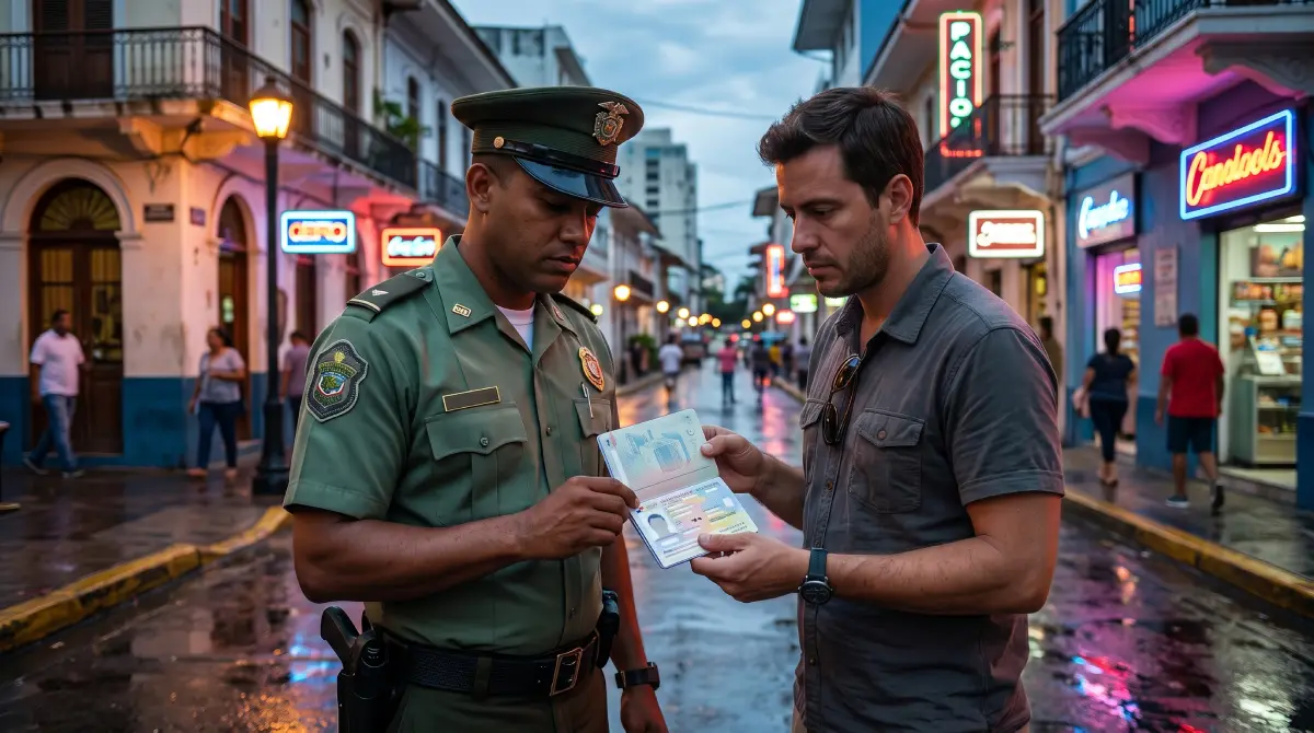 Een Panamese politieagent controleert het paspoort van een toerist op een levendige straathoek bij schemering.