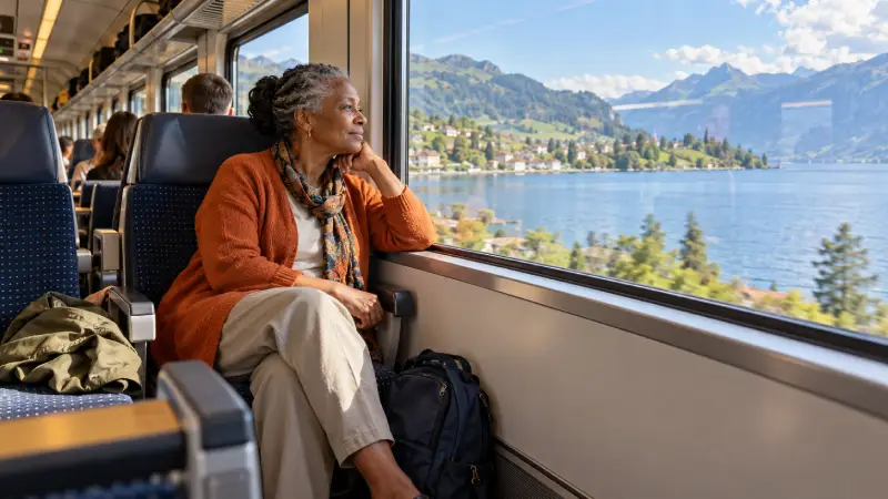 Traveler looking across a Swiss lake from a second-class passenger train.