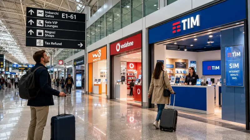 Rejsende går gennem Fiumicino Lufthavn mod TIM-, Vodafone- og WINDTRE-butikker med SIM-kort.