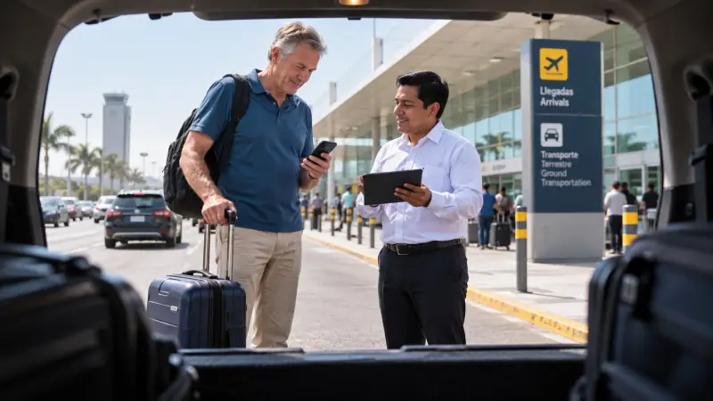 Voyageur gardant sa valise près de lui tout en confirmant une prise en charge à l’aéroport avec un chauffeur.