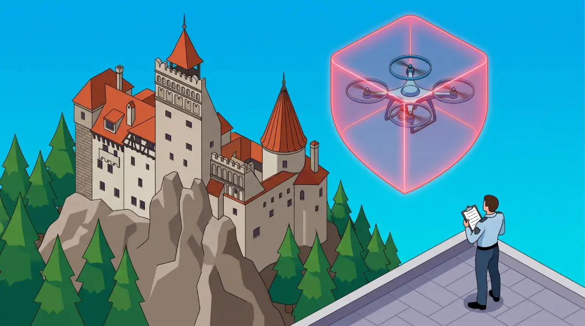 A vector illustration showing a drone blocked by a no-fly zone shield over a gothic Romanian castle.