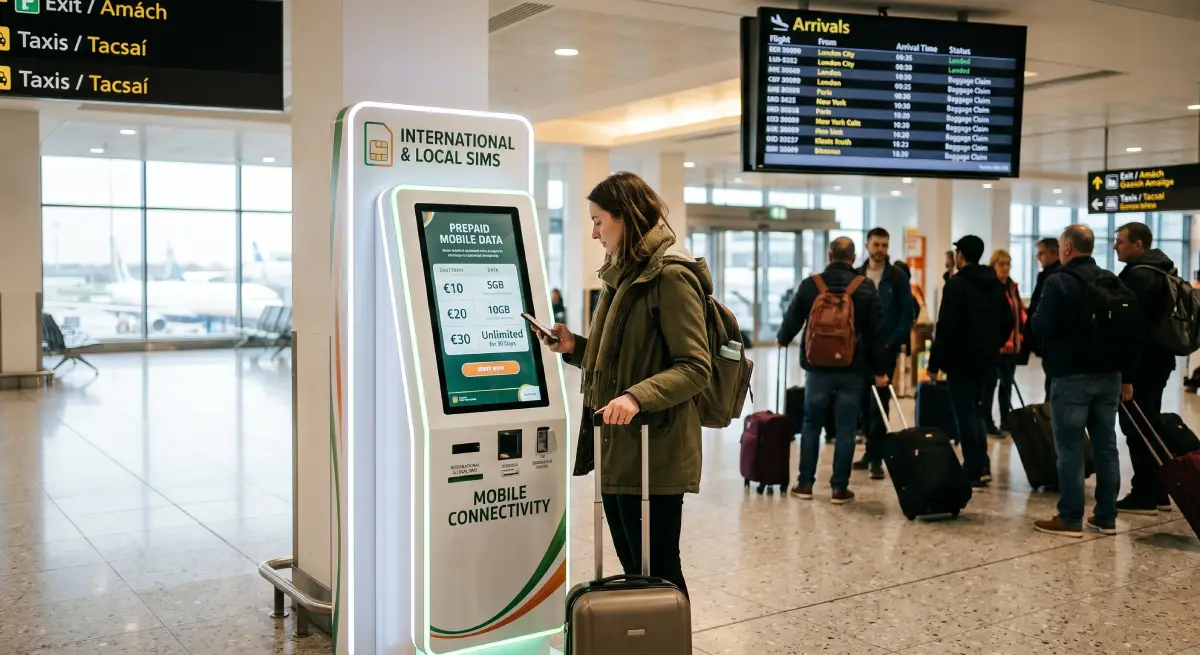 Cestovatel kupující předplacenou SIM kartu v příletové oblasti letiště v Irsku.