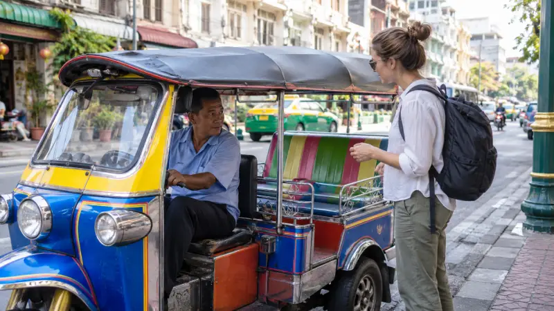 Un voyageur parle avec le conducteur d’un tuk-tuk à l’arrêt depuis un trottoir de Bangkok.