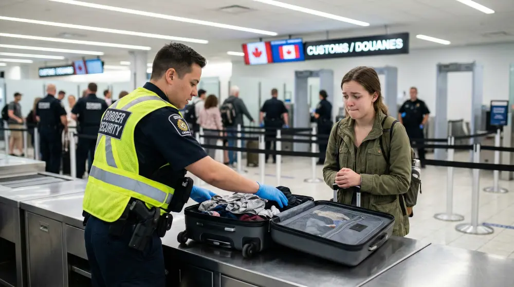 A traveler's luggage being carefully inspected by a border security officer at a Canadian airport.