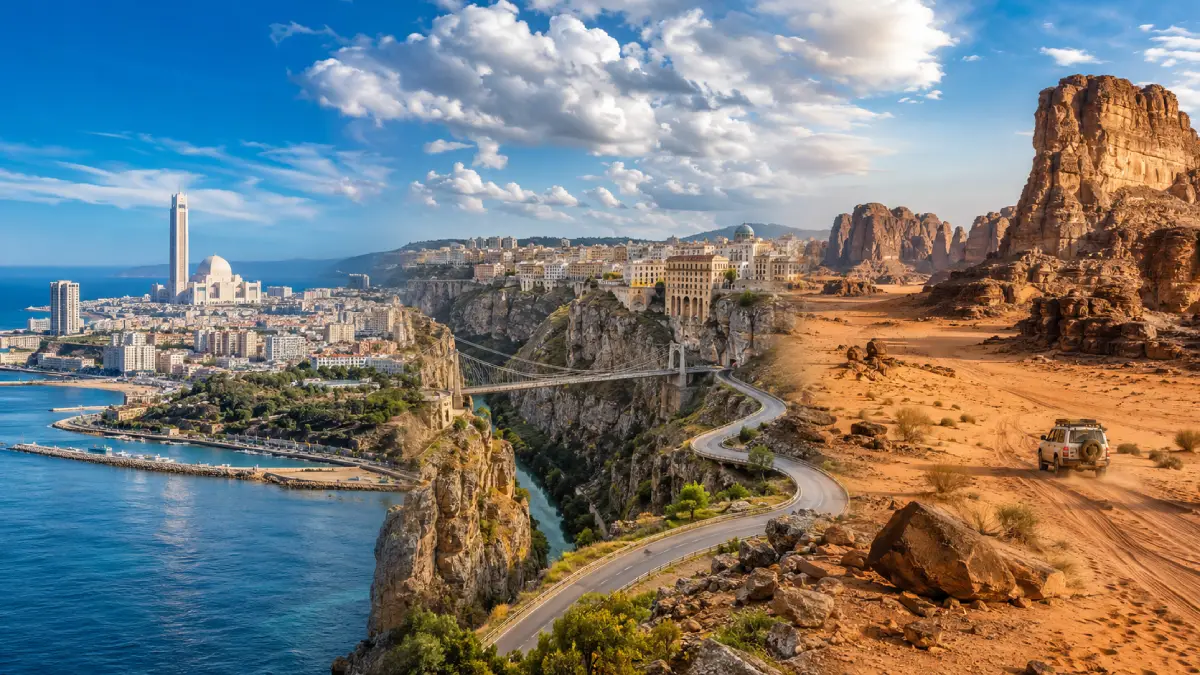 Three distinct landscapes showing the geographic zones of Algeria: the urban coast of Algiers, the rugged Atlas mountains, and the rock formations of the deep Sahara desert.