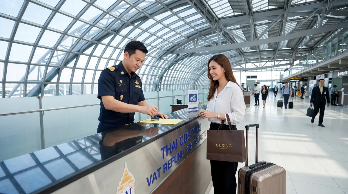 Ein Tourist, der seine Steuererstattungsdokumente von einem uniformierten Zollbeamten an einem thailändischen Flughafen stempeln lässt, bevor er sein Gepäck aufgibt.