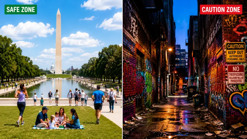 Split image contrasting a safe, iconic American landmark with a gritty, challenging urban alleyway.
