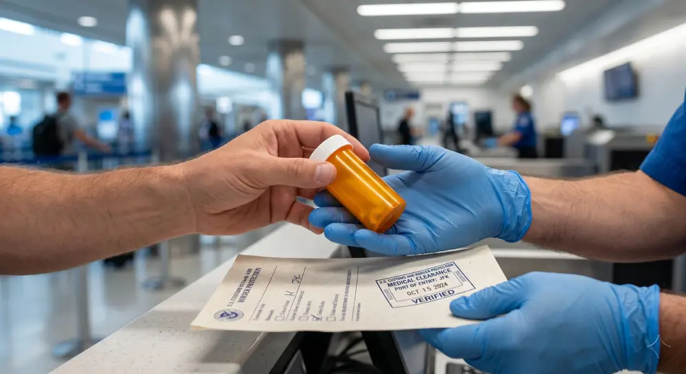 파란 장갑을 낀 미국 세관 직원이 관광객의 처방약 병과 의사의 소견서를 검사하고 있습니다.