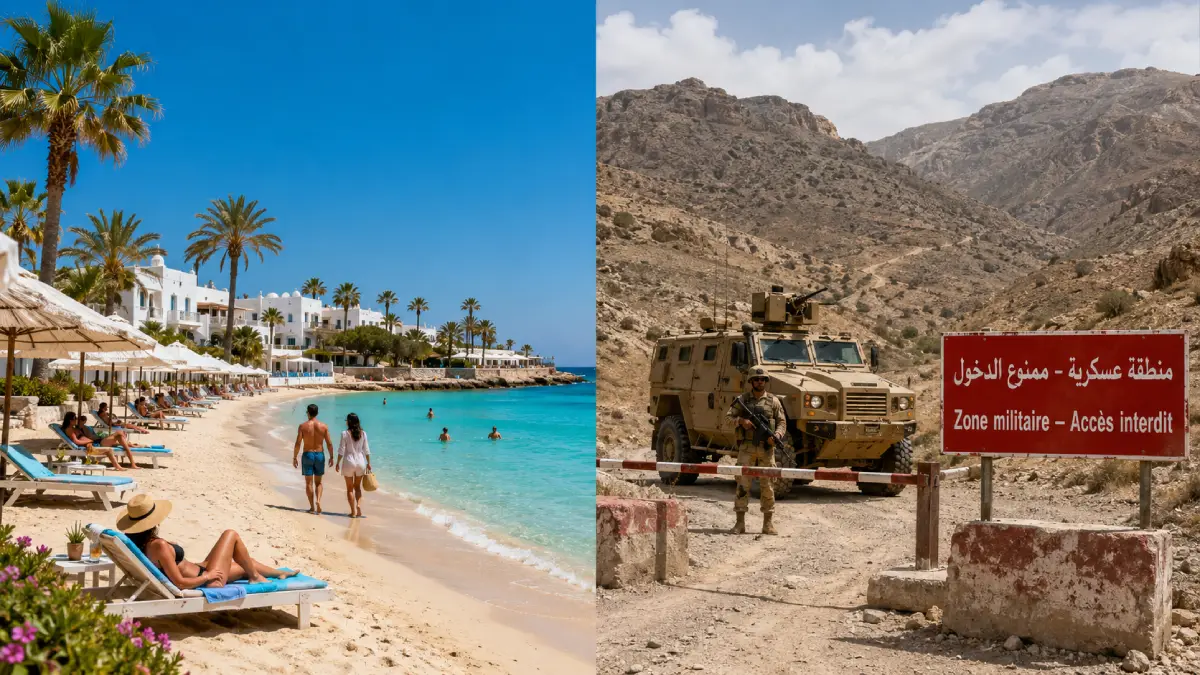 Composite image comparing a safe beach in Djerba with a military zone on the Algerian border.