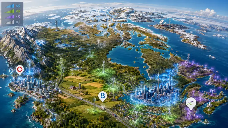 Mapa da rede móvel do Canadá mostrando a cobertura da Rogers, Bell e Telus em cidades, rodovias, montanhas e áreas rurais.