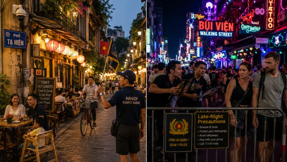 A split-panel photograph contrasting a peaceful, safe evening street in Hanoi's Old Quarter with a chaotic, risky night scene near Ho Chi Minh City's Bui Vien area.