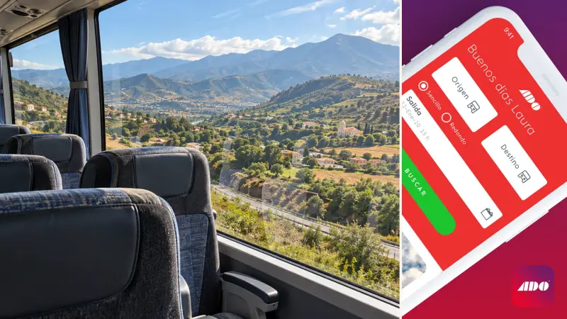 composite of an intercity coach journey and ADO&rsquo;s official bus-search screen.