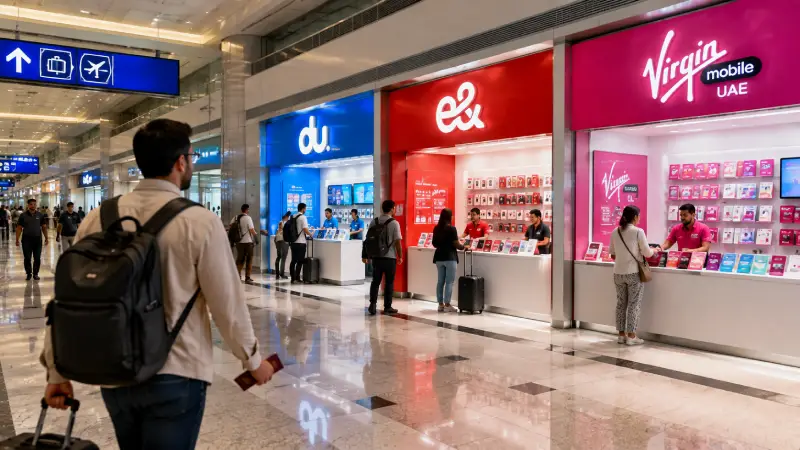 أكشاك الاتصالات الخاصة بـ du وe& وVirgin Mobile في منطقة الوصول بمطار دبي الدولي.