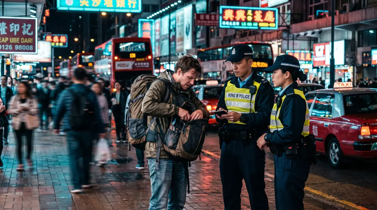 Plainclothes police officers checking a tourist's passport on a busy Hong Kong street.