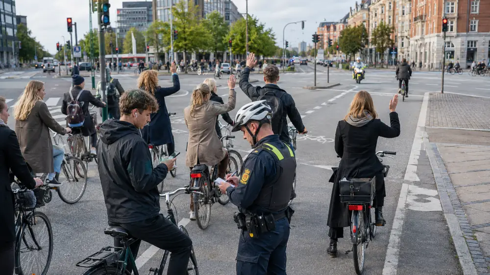 Fotografie policisty, který pokutuje cyklistu za používání telefonu v cyklopruhu v Kodani, v pozadí je provoz a moderní kola.