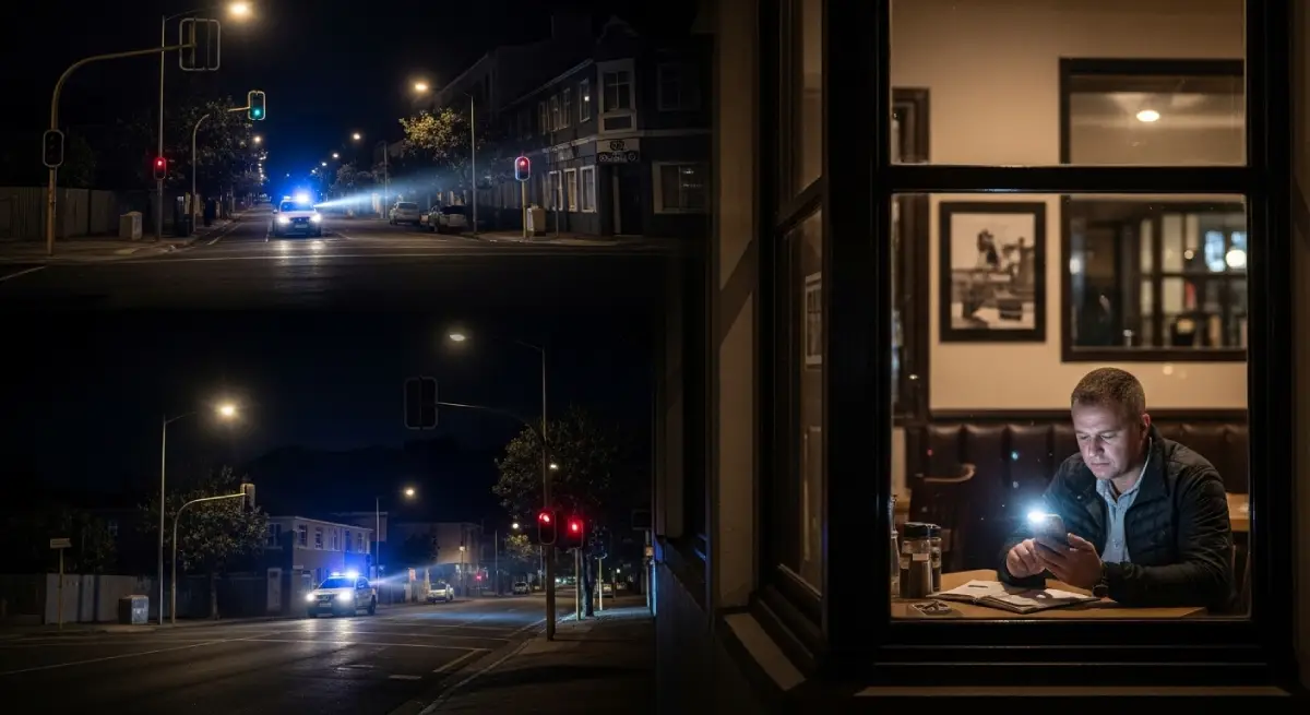 A moody photo illustrating the reality of load shedding (power blackouts) in Cape Town, South Africa, at night, with a tourist using a flashlight.
