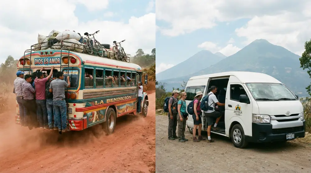 Ein Reisebild, das einen überfüllten, bunten guatemaltekischen Chicken Bus mit einem modernen Touristen-Shuttle-Van auf einer Straße in der Nähe von Antigua vergleicht.