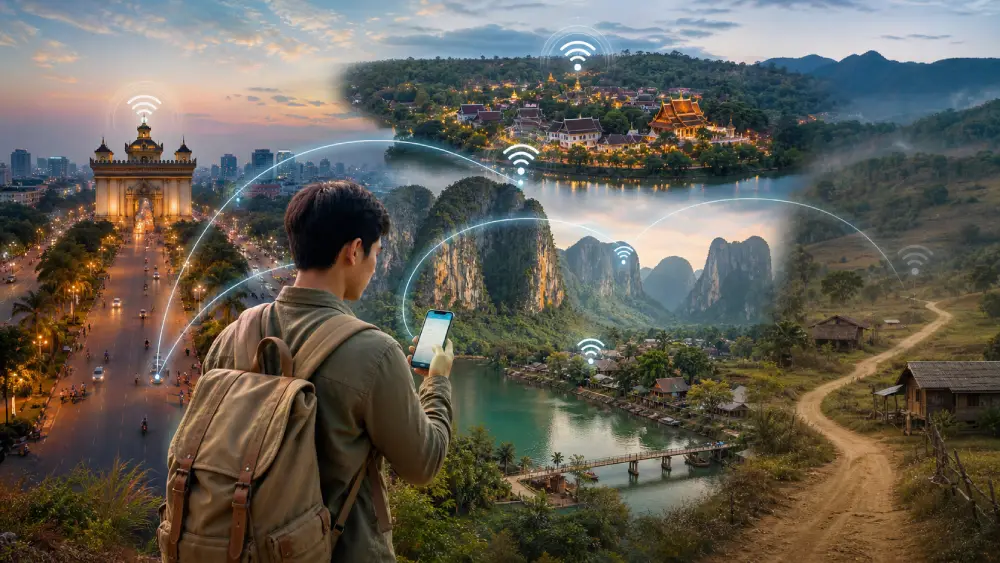Pemandangan komposit menunjukkan liputan rangkaian mudah alih di seluruh bandar dan kawasan luar bandar di Laos.