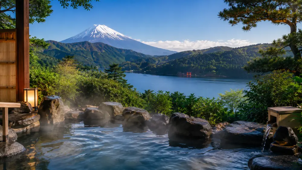 A relaxing photograph capturing a traditional outdoor hot spring bath (onsen) in Hakone, with a scenic view of Lake Ashi and Mount Fuji in the background.