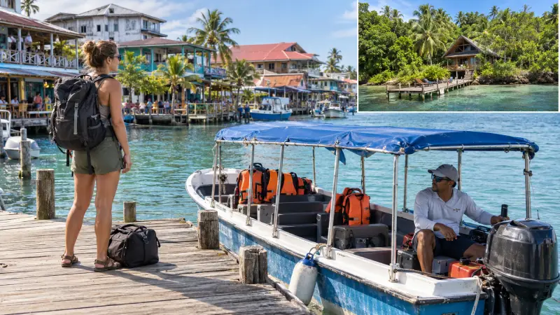 Traveler beside a water taxi in Bocas Town, contrasted with an island lodge reached by boat.
