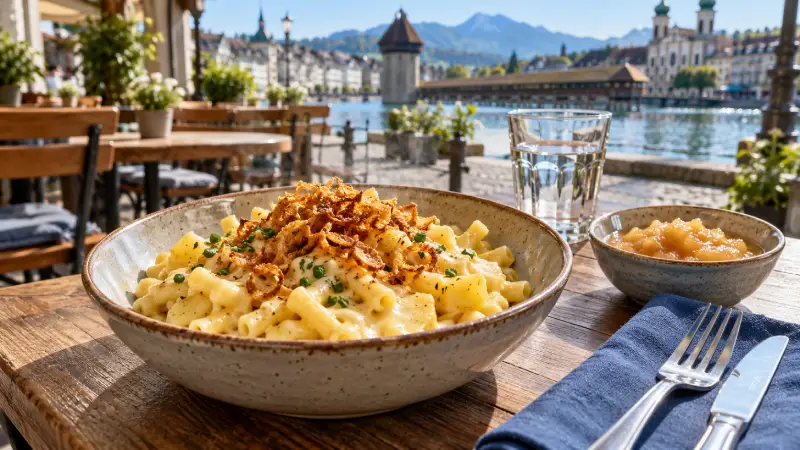 Alpine macaroni with crispy onions and applesauce on a sunlit restaurant table in Lucerne.