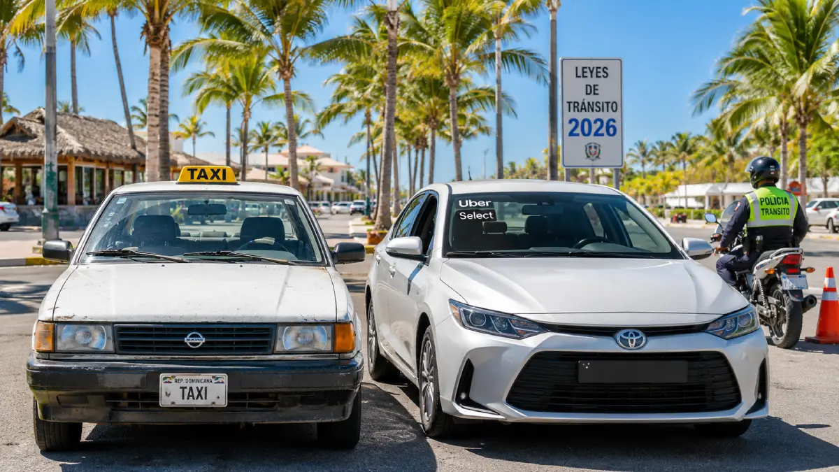 Una calle en Punta Cana mostrando un taxi tradicional sin taxímetro y un moderno coche Uber Select estacionados uno al lado del otro, con un oficial de policía cerca de un cartel de ley de tráfico en el fondo soleado.