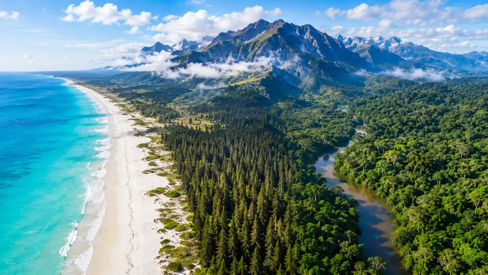 An aerial view transitioning from a white sand beach to misty mountain forests and a dense rainforest river.